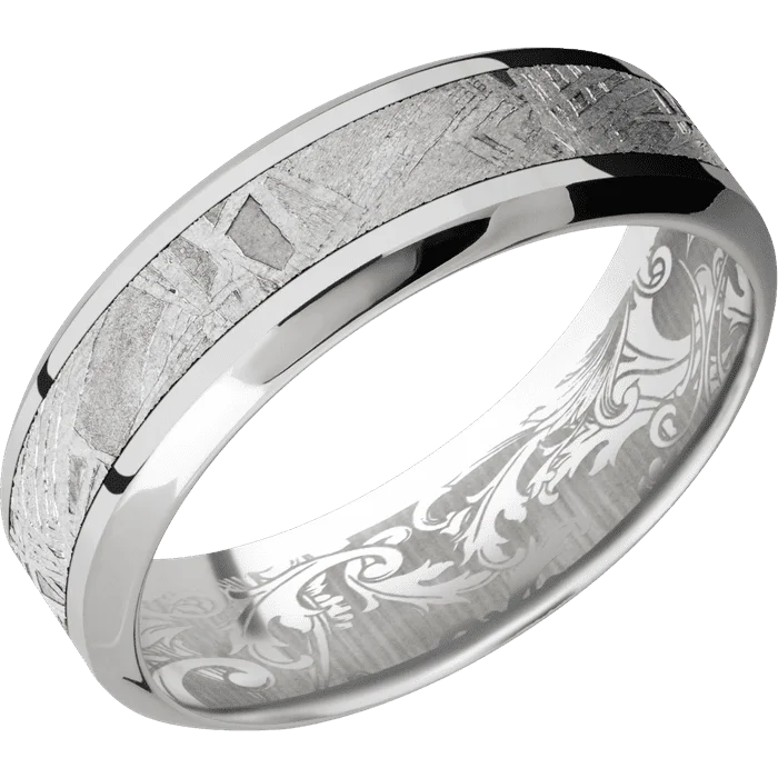 Ladies holiday cheer rings -7mm wide High Bevel 18k White Gold Ring with Polish Finish / One 3mm Centered Meteorite Inlay / None Interior Pattern