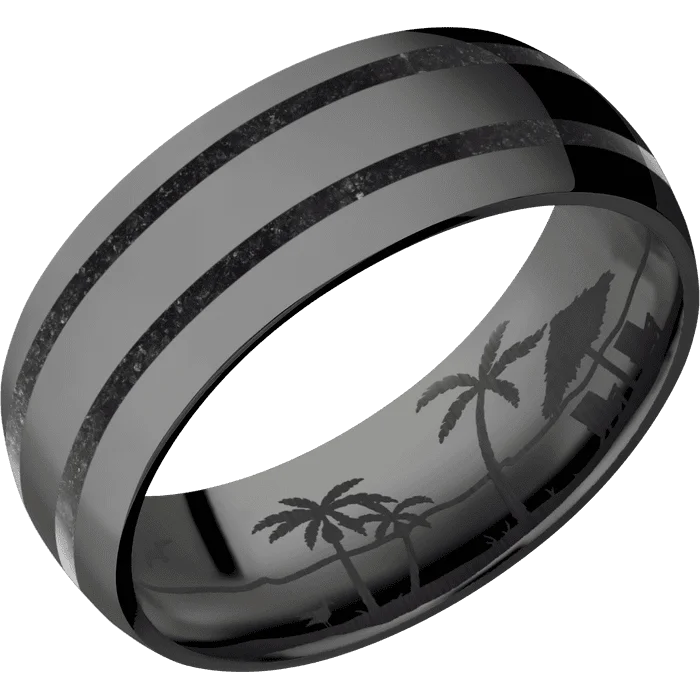 Ladies twinkling star rings -8mm wide Domed Black Titanium Ring with Polish Finish / Two 1mm Centered Black Dinosaur Bone Inlay / None Interior Pattern