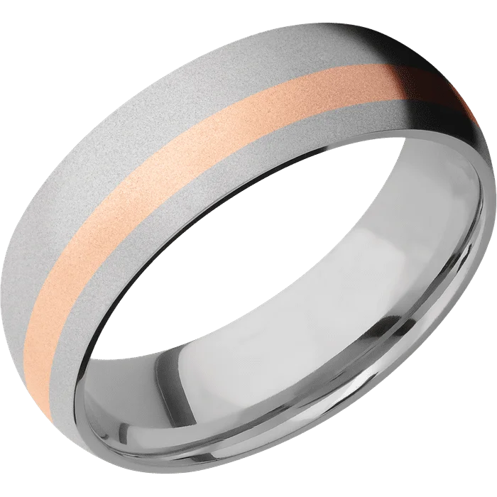 Ladies punk flair rings -7mm wide Domed Titanium Ring with Bead Blast Finish / One 2mm Off Center 14k Rose Gold Inlay with Bead Blast Finish