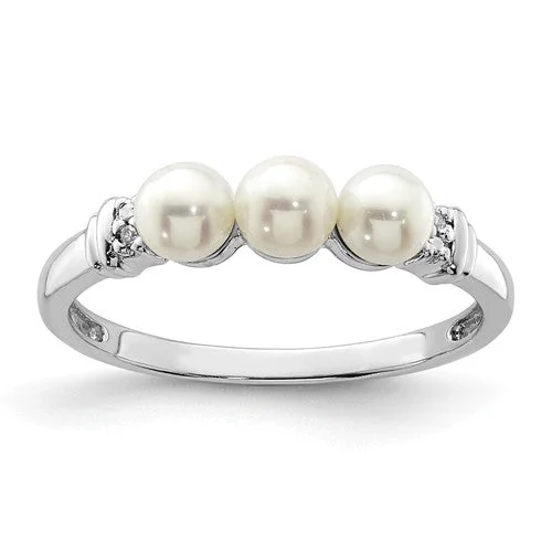 Ladies rustic wood rings -Sterling Silver Diamond And 3 Freshwater Cultured Pearl Ring