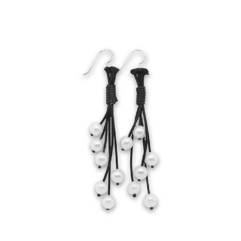 Ladies broad hoop earrings -Black Leather Drop Earrings With White Pearls