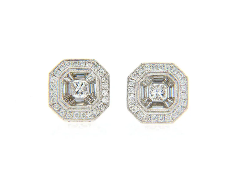 Ladies slim sparkle earrings -New 0.99ctw Baguette and Round Diamond Mosaic Stud Earrings in 18K