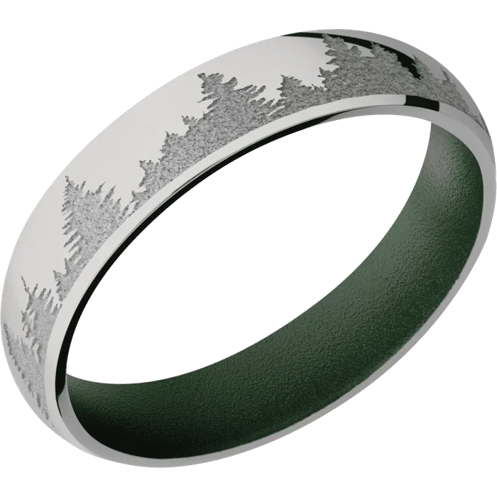 Ladies travel quest rings -5mm wide Domed Titanium Ring with Polish Finish / Trees Design and Crushed Silver Cerakote Accents / Highland Green Cerakote Sleeve