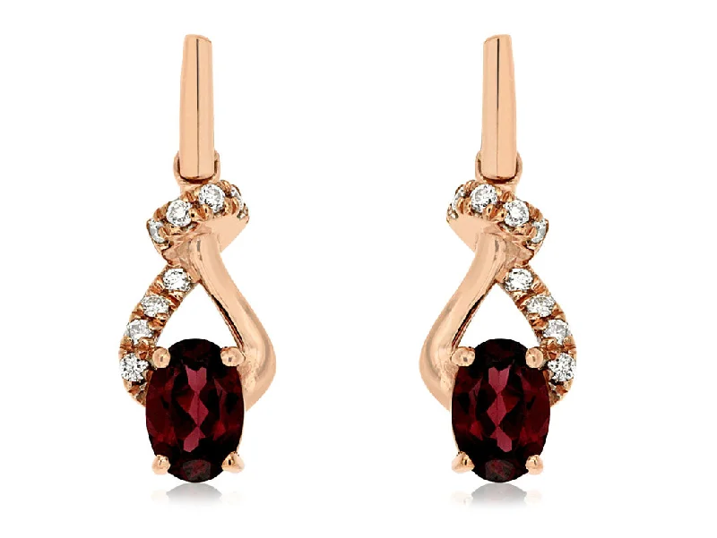 Ladies resilient steel earrings -14k Rose Gold Rhodolite Garnet and Diamond Dangle Earrings pc6059l