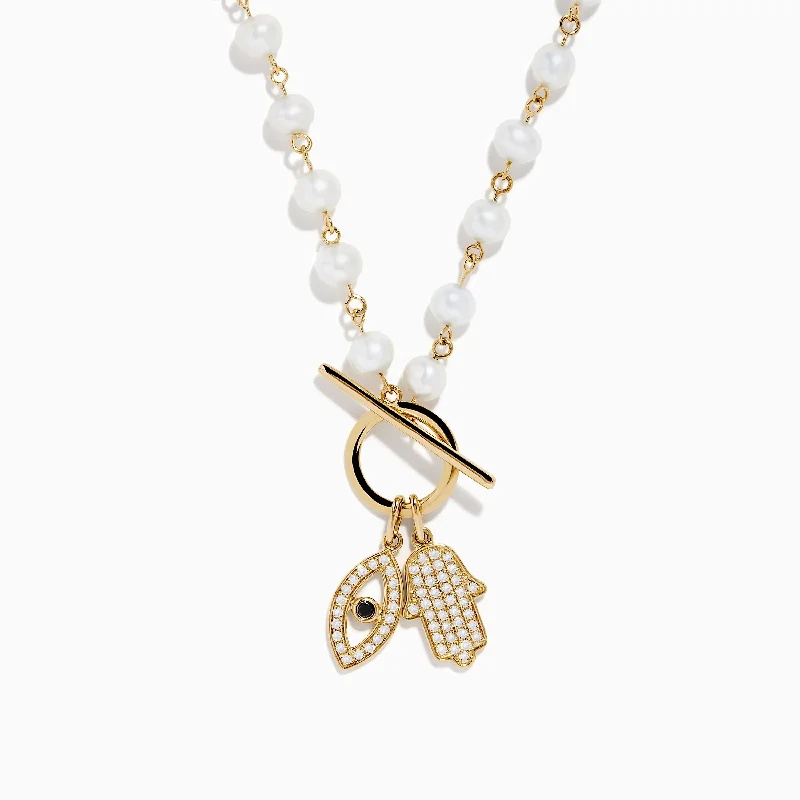 Ladies Necklaces Luxe Spark-14K Yellow Gold Fresh Water Pearl and Diamond Evil Eye Necklace