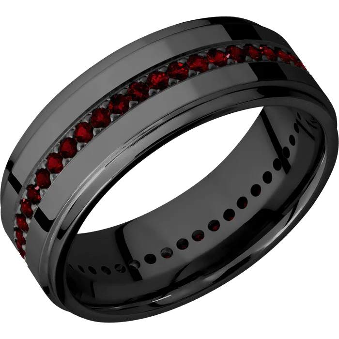 Ladies cat whisker rings -8mm wide Flat Grooved Edges Black Titanium Ring with Polish Finish / Eternity Round .015 carat Dark Ruby Bead-Set Gemstones