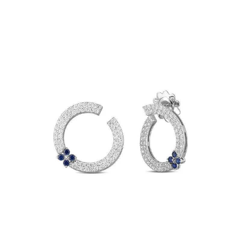 Ladies glistening silver earrings -Roberto Coin 18k White Gold Love in Verona Diamond And Blue Sapphire Circle Earrings