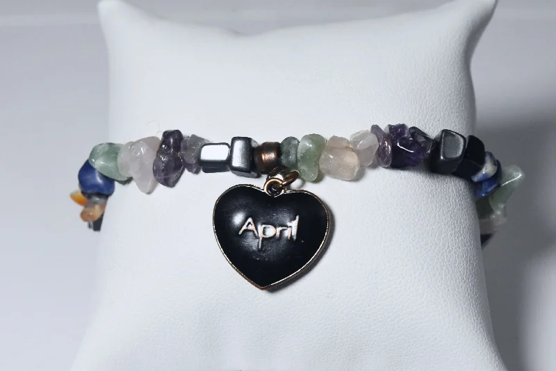 stackable gold bracelets for women -"April" Black Enamel Heart Charm Gemstone Bead Stretch Bracelet