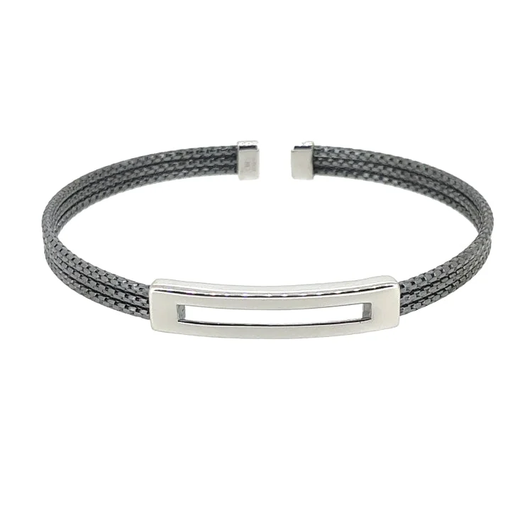 ladies tennis bracelets with diamonds -Black Rhodium and RhodiumFinished Sterling Silver Multi Cable Cuff Bracelet with Open Central Plate