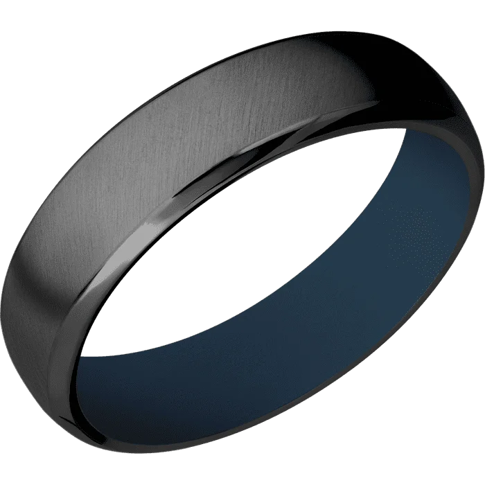 Ladies beach wave rings -6mm wide Domed Bevel Black Titanium Ring with Angle Satin Finish / Navy Blue Cerakote Sleeve