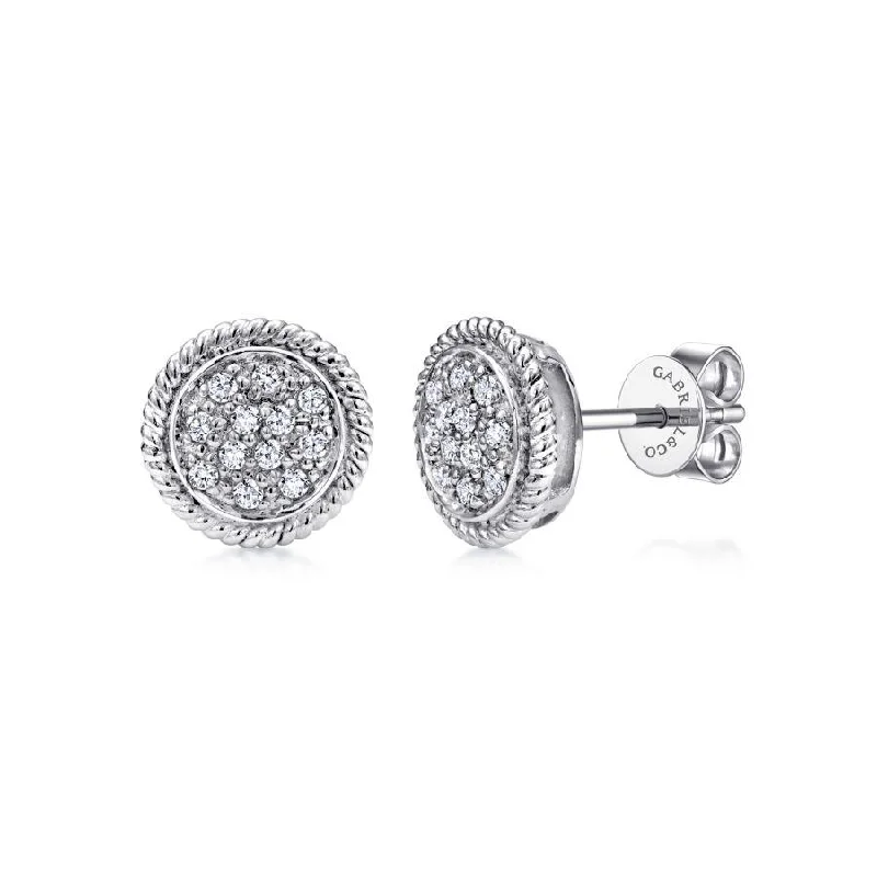 Ladies lively glow earrings -Gabriel & Co. - EG10893W45JJ - 14K White Gold Round Diamond Cluster Stud Earrings with Twisted Rope Frame