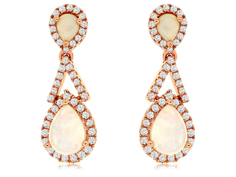 Ladies lush emerald earrings -14K Rose Gold 2 Pear Shape Opal Diamond Dangle Earrings