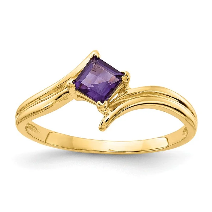 Ladies Mother’s joy rings -14k Yellow Gold 4mm Princess Cut Amethyst Ring