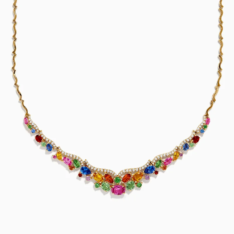 Ladies Necklaces with Oval Glow-Watercolors 14K Gold Multi Sapphire and Diamond Necklace