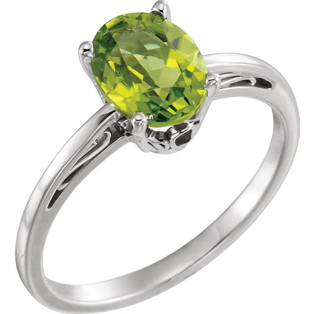 Ladies refined office rings -14K White Gold Oval Peridot Scroll Set Ring