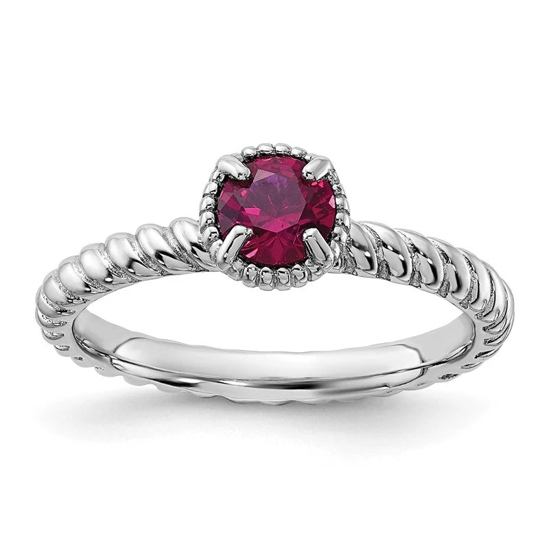 Ladies fiery ruby rings -Sterling Silver Stackable Expressions Created Ruby Round Ring