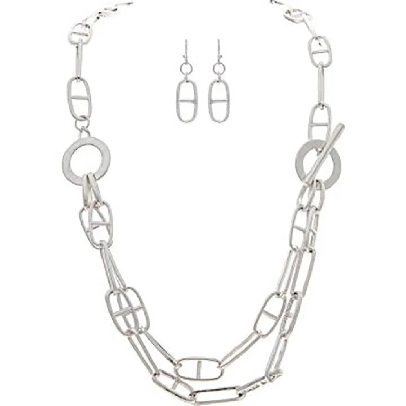 Ladies Necklaces with Blue Jeremejevite-Rain : Silver Mixed Chain Link Toggle Necklace Set