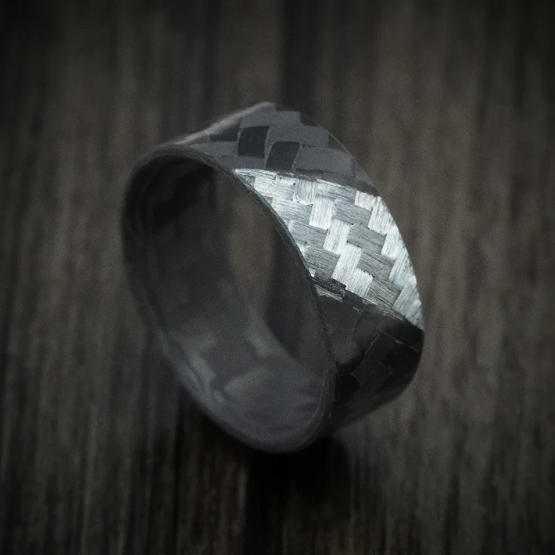 Ladies hippie soul rings -Angled Carbon Fiber Ring with Silver Texalium Slash Inlay