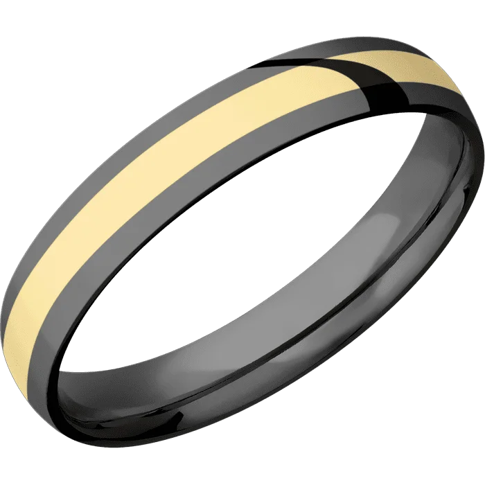 Ladies airy titanium rings -4mm wide Domed Black Titanium Ring with Polish Finish / One 2mm Centered 14k Yellow Gold Inlay with Polish Finish