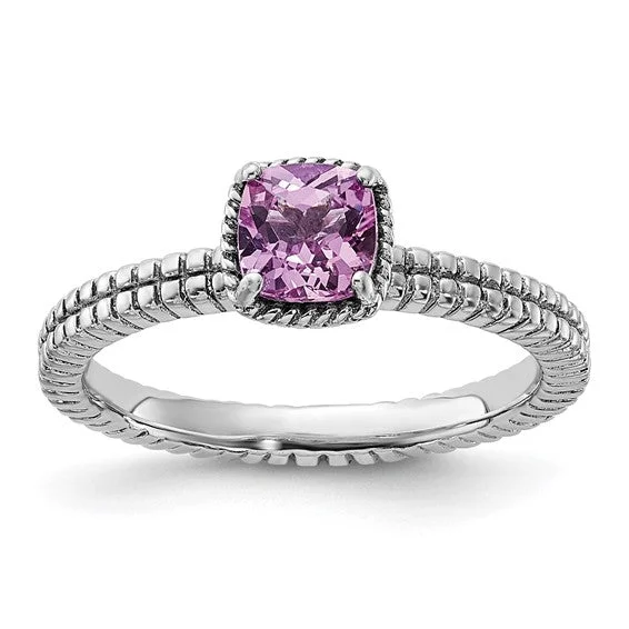 Ladies custom etched rings -Sterling Silver Stackable Expressions Pink Sapphire Cushion Ring