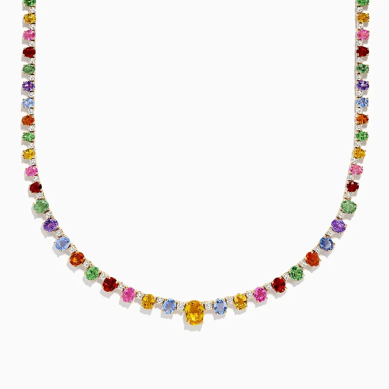 Ladies Necklaces with Coral Kornerupine-Watercolors 14K Gold Multi Sapphire and Diamond Necklace