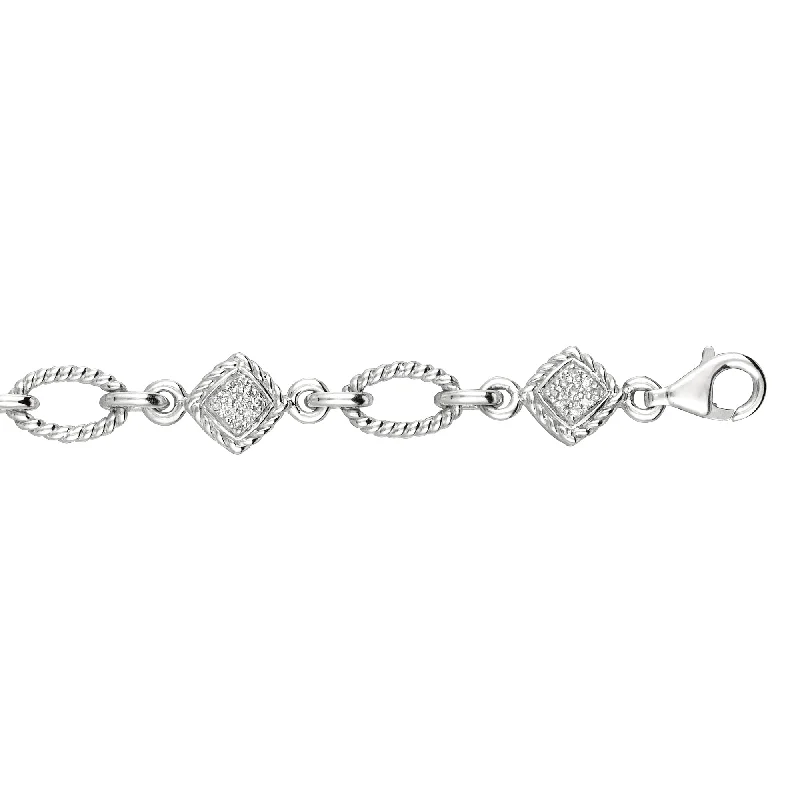 hammered texture bracelets for women -Silver Open Oval Rope .25ct Diamond Accent Link Bracelet