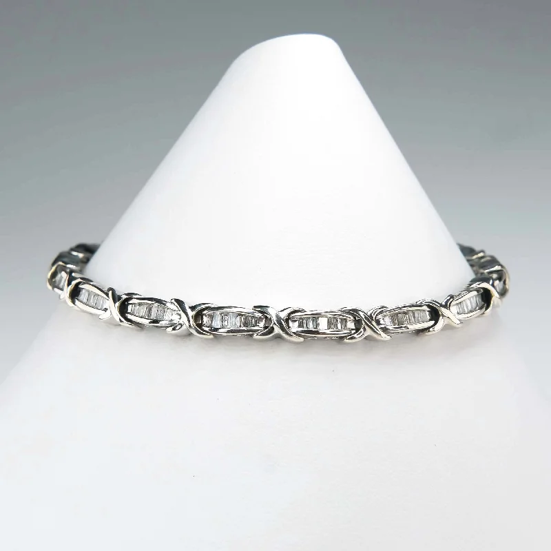 gold filigree bracelets for women -Baguette Diamond X and Bar Tennis Bracelet in 10K White Gold