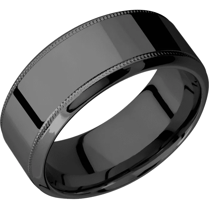 Ladies tandem couple rings -9mm wide High Bevel Milgrain Black Zirconium Ring with Polish Finish