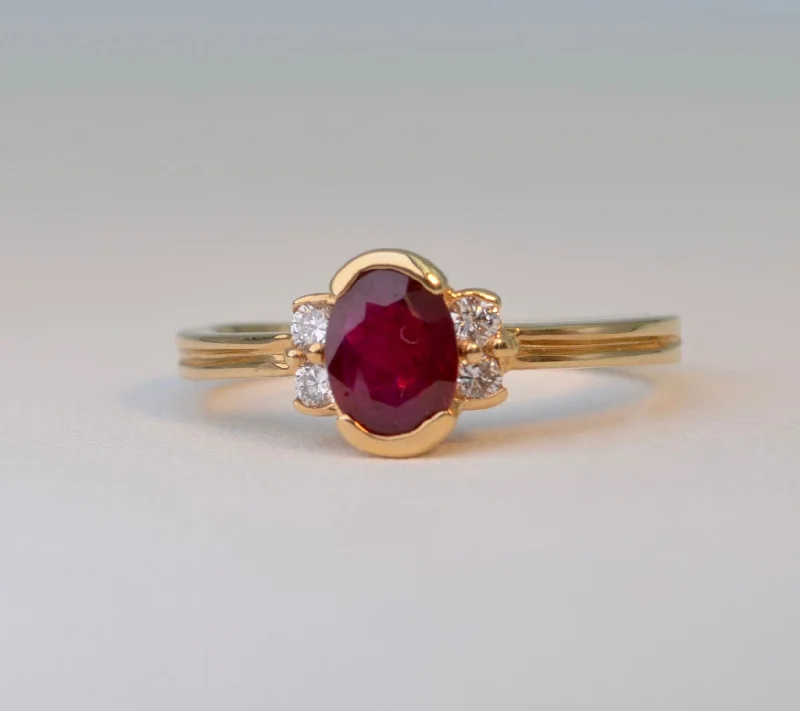 Ladies fluttering butterfly rings -14K yellow gold ring with one center oval Ruby and four side Diamonds