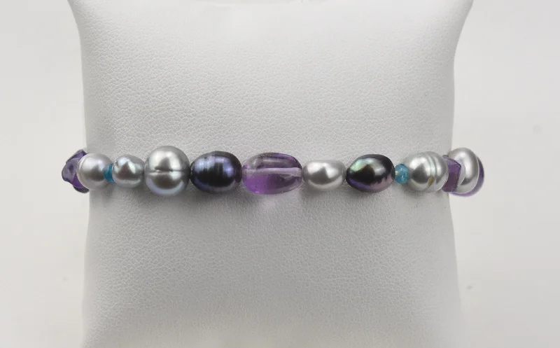 ladies bracelets chain bead mix -Amethyst, Blue Chalcedony, Multi Color Freshwater Pearl Elastic Bracelet