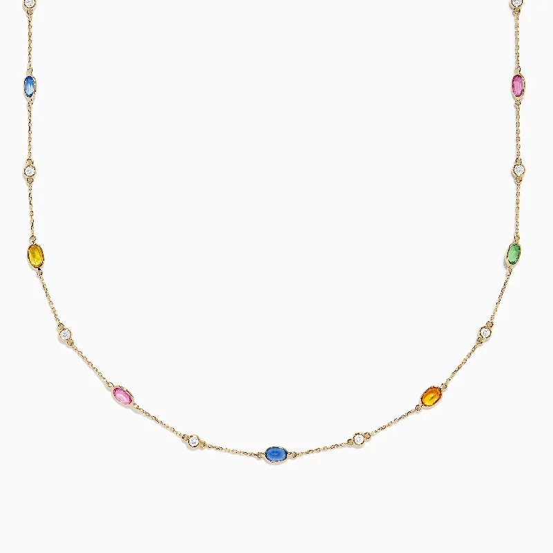 Ladies Necklaces Budget Shine-14K Yellow Gold Multi Sapphire and Diamond Station Necklace