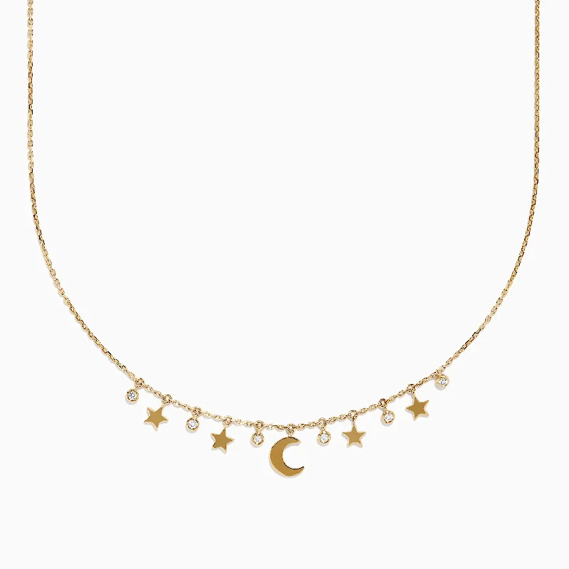 Ladies Necklaces with Peach Carnelian-Novelty 14K Yellow Gold Diamond Moon and Stars Necklace