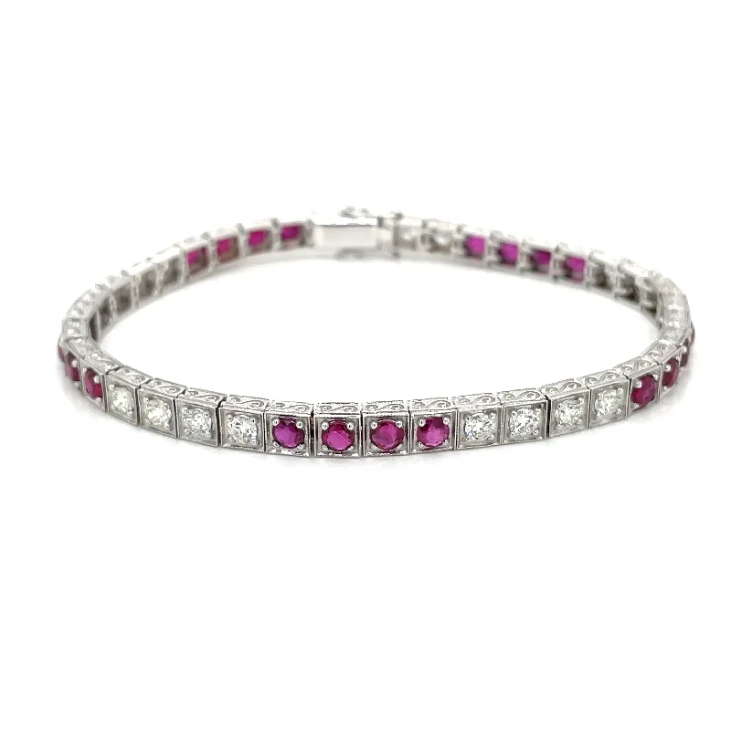 bracelets for women with birthstones -Estate Diamond Ruby Engraved Tennis Gold Bracelet