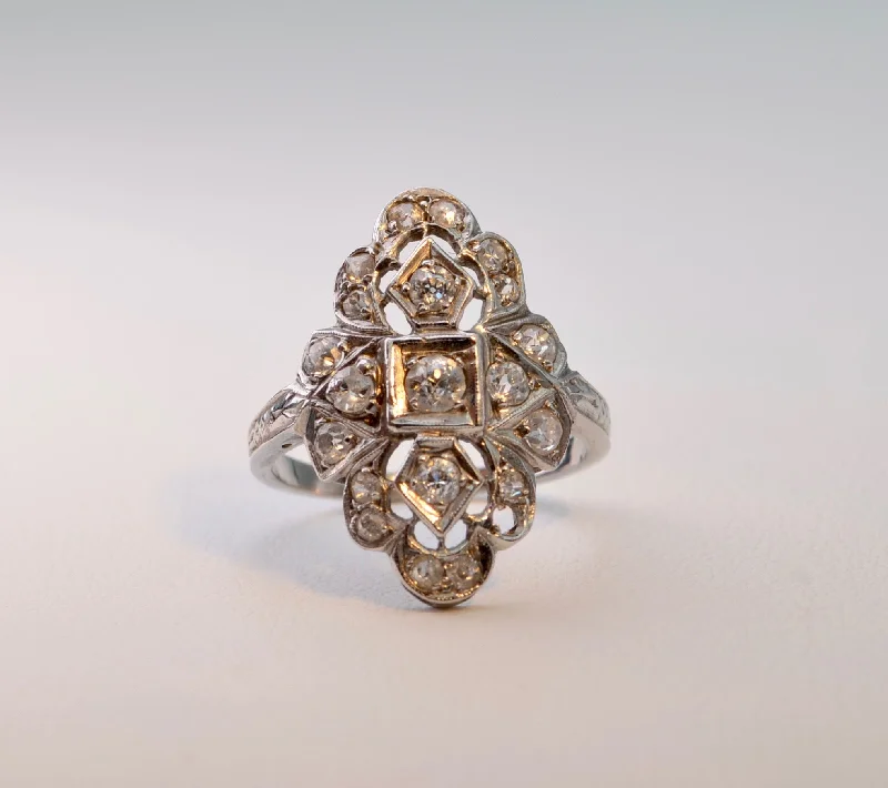 Ladies companion bond rings -14K white gold Antique ring with 20 old mine cut Diamonds, ca.1920