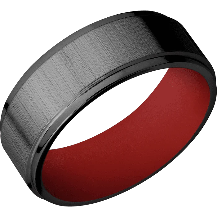 Ladies bird flight rings -8mm wide Flat Grooved Edges Black Zirconium Ring with Cross Satin Black Finish / USMC Red Cerakote Sleeve