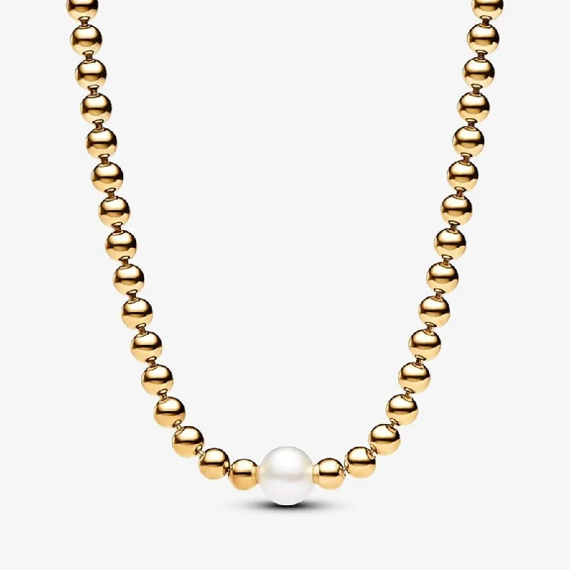 Ladies Necklaces with Lock Spark-PANDORA : Treated Freshwater Cultured Pearl & Beads Collier Necklace - Gold Plated