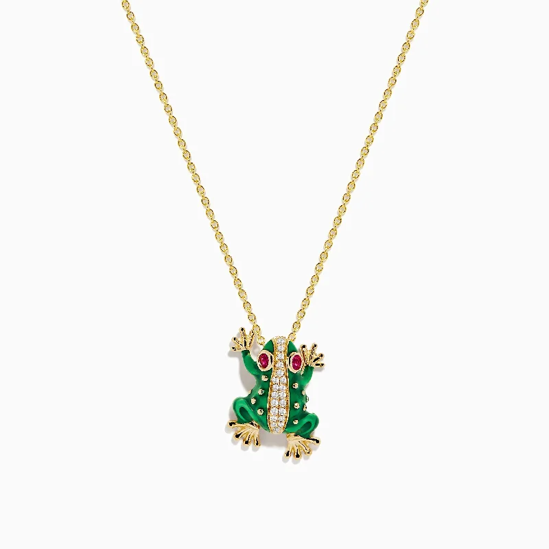 Ladies Necklaces Thin Spark-Safari 14K Yellow Gold Enamel, Diamond, and Ruby Frog Necklace