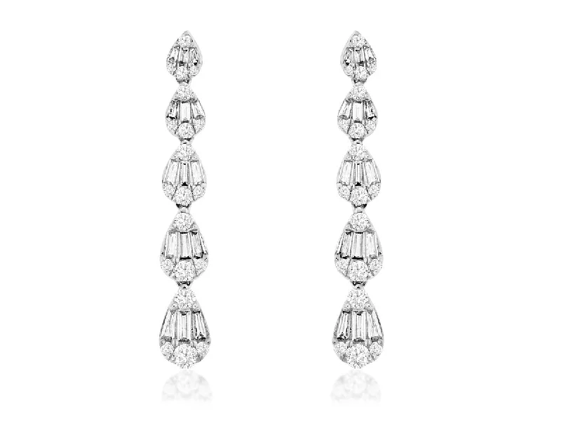 Ladies dog paw earrings -14K White Gold Round and Bagette Diamond Drop Earrings