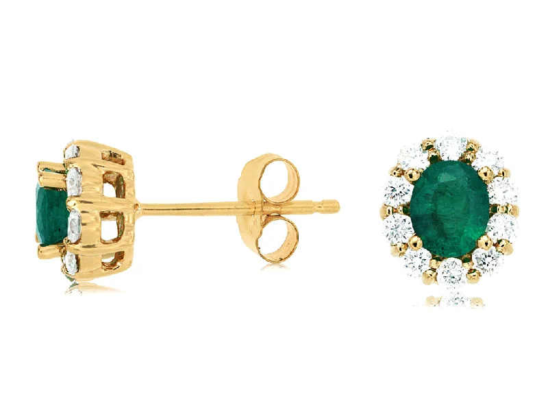 Ladies painted flair earrings -14K Yellow Gold Oval Emerald Diamond Halo Stud Earrings