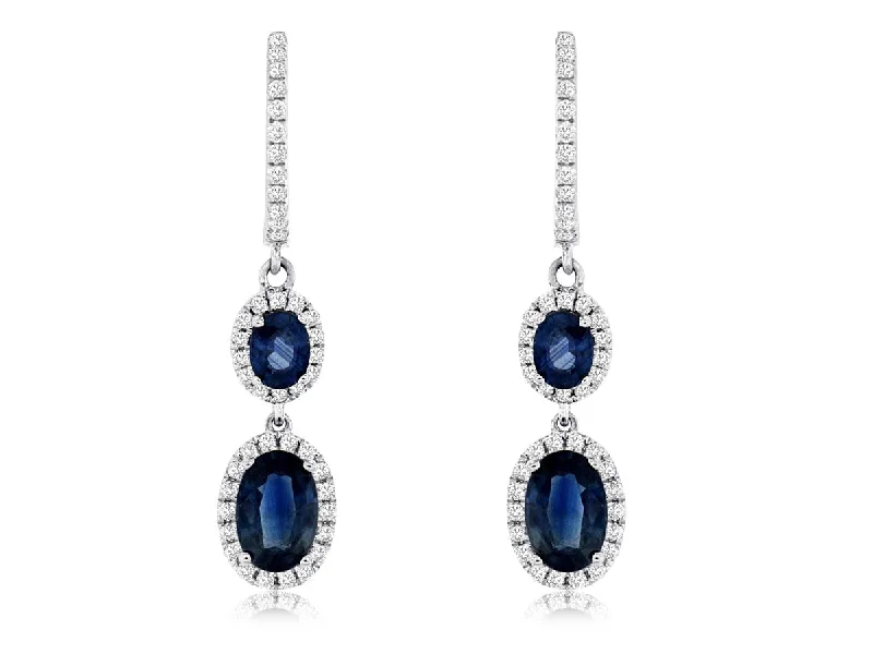 Ladies halo charm earrings -14k White Gold Two Oval Sapphire with Diamond Halo Dangle Earrings