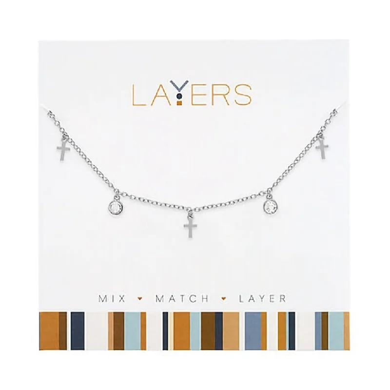 Ladies Necklaces with Orbit Gems-Center Court : Silver Mini Crosses Layers Necklace