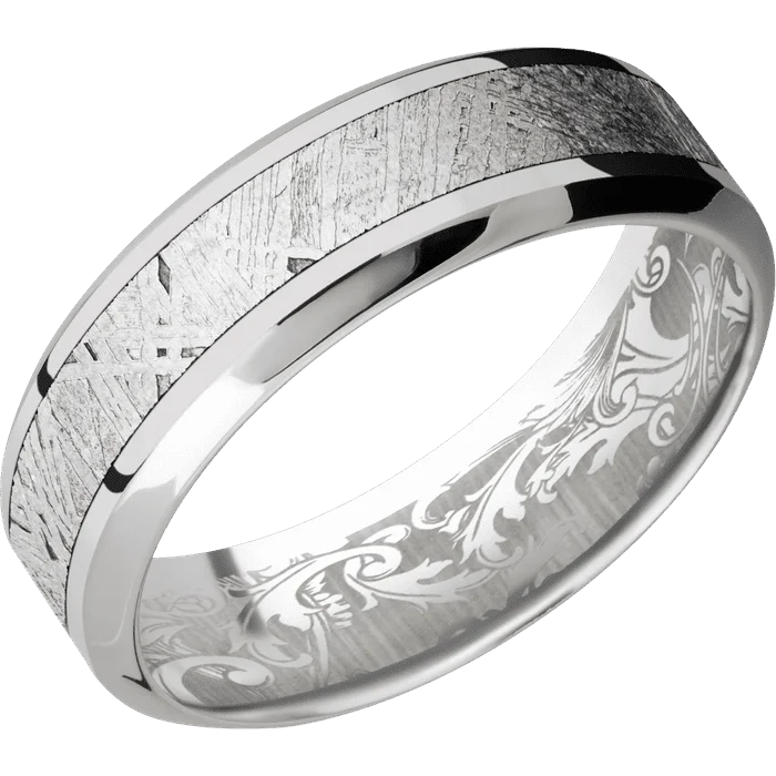 Ladies team spirit rings -7mm wide High Bevel 18k White Gold Ring with Polish Finish / One 3mm Centered Meteorite Inlay / None Interior Pattern