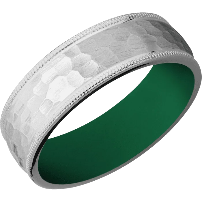 Ladies bespoke artisan rings -7mm wide Domed Milgrain Edges Titanium Ring with Hammer Finish / Green Cerakote Sleeve