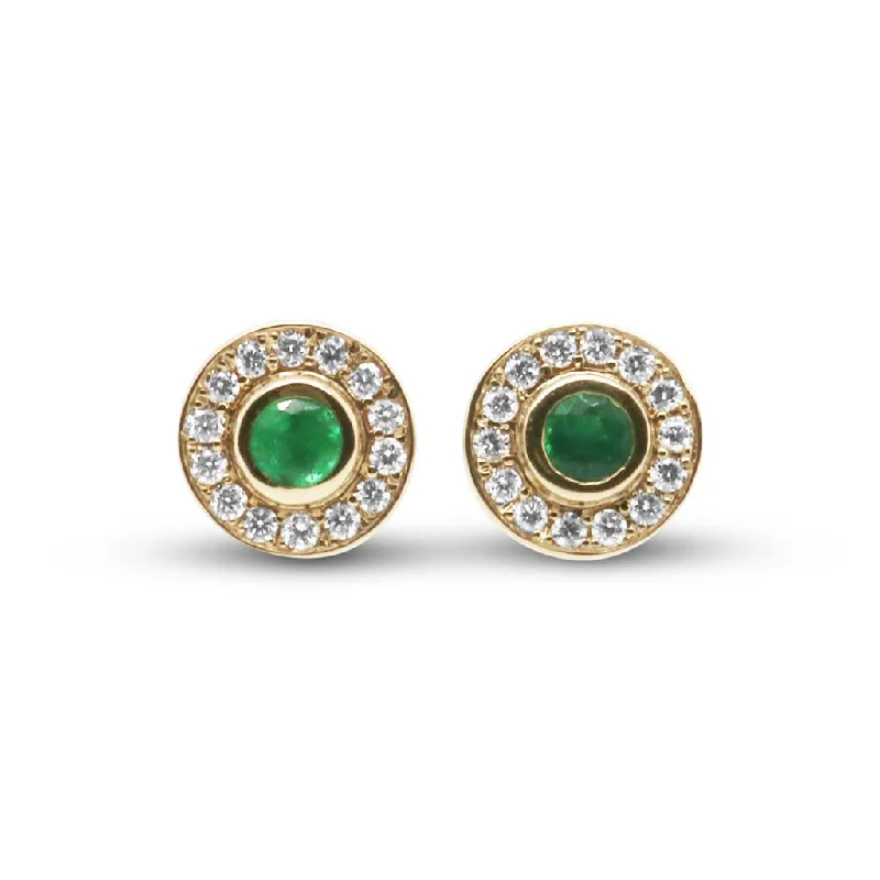 Ladies loving glow earrings -Zoe Chicco 14k Yellow Gold Round Emerald & Diamond Halo Stud Earrings