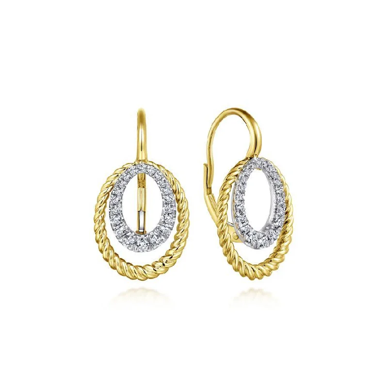 Ladies lasting wear earrings -Gabriel & Co. - EG13432M45JJ - 14K Yellow/White Gold Twisted Rope Oval Diamond Drop Earrings