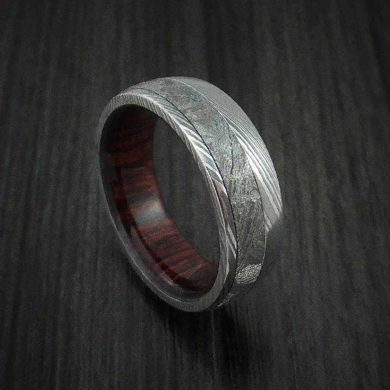 Ladies nostalgic retro rings -Damascus Steel Ring with Gibeon Meteorite and Red Heart Wood Hardwood Sleeve Custom Made Band