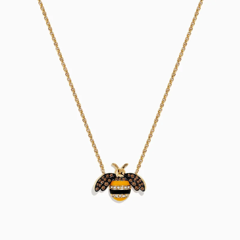 Ladies Necklaces with Ruby Zoisite-Novelty 14K Yellow Gold Espresso and White Diamond Bee Necklace