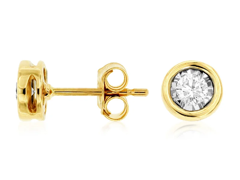 Ladies uneven edge earrings -Yellow Gold Round Diamond Miracle Stud Bazel Earrings