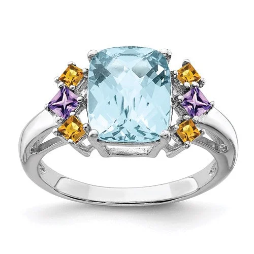 Ladies tandem couple rings -Sterling Silver Ant. Cushion Light Swiss Blue Topaz, Amethyst & Citrine Ring