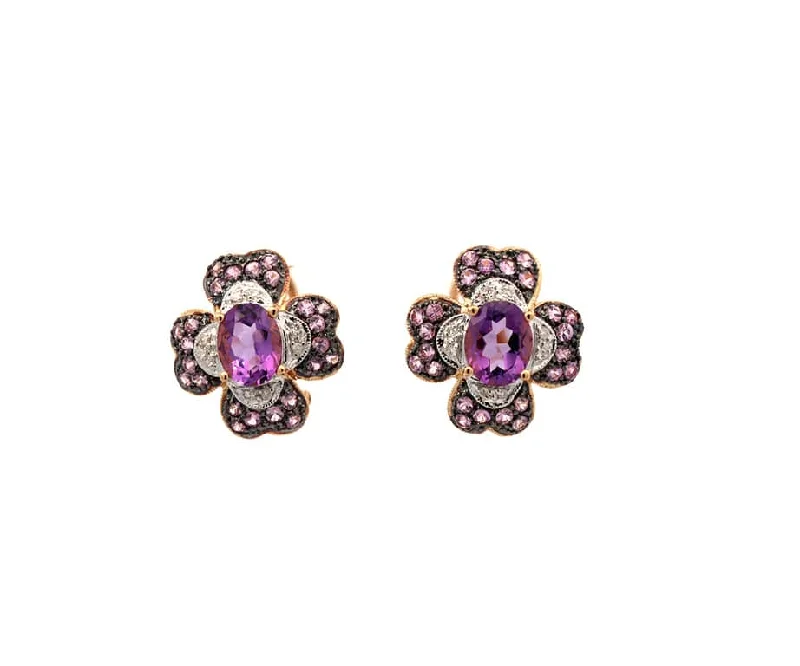 Ladies angular geometric earrings -0.25ctw Diamond Amethyst and Pink Sapphire Flower Earrings in 14K